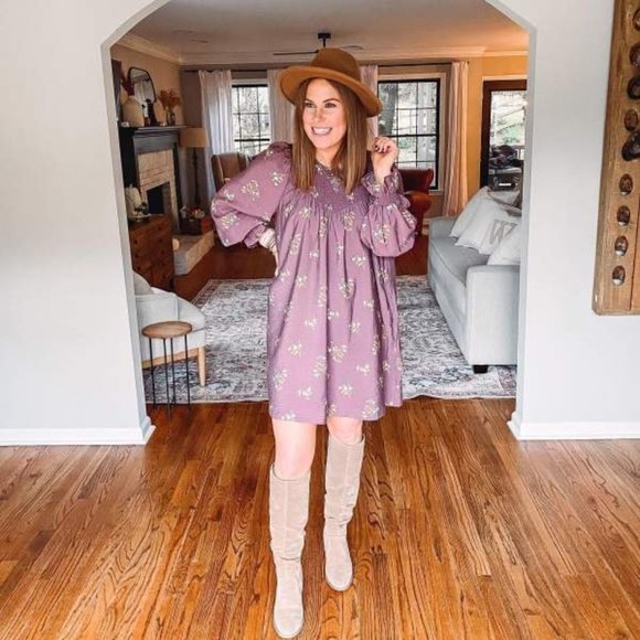 A New Day Women's Long Sleeve Tent Mini Dress Purple Floral Print Belted Small - Picture 5 of 13